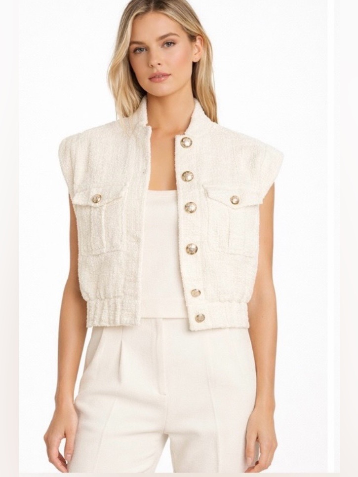Nwt Christian Lacroix Boucl Tweed Crop Vest Jacket Gold Button Quiet Luxury